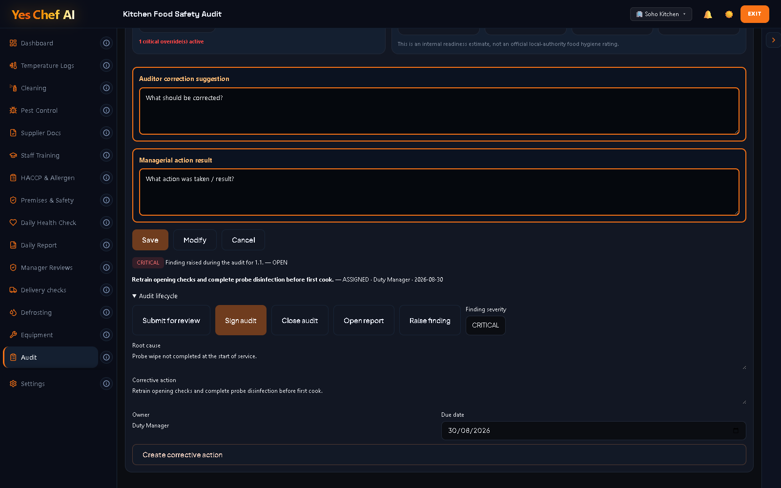 Yes Chef AI live audit screen