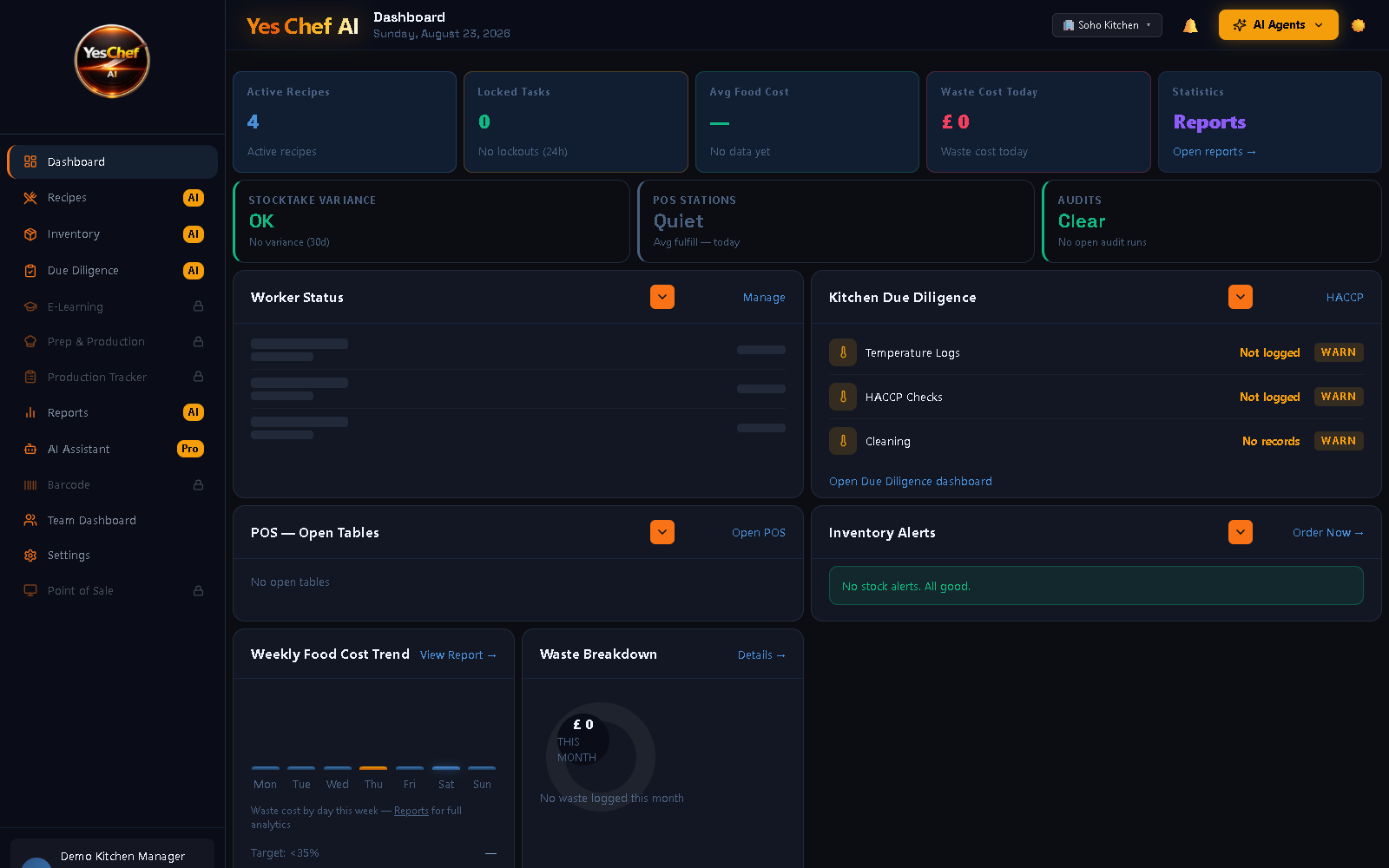 Yes Chef AI kitchen dashboard
